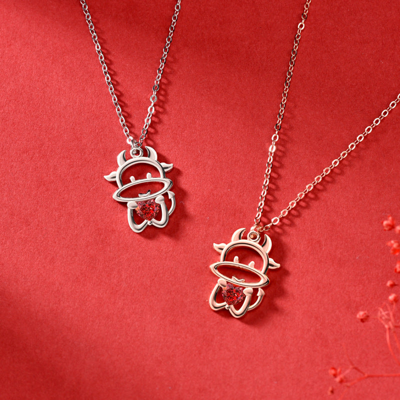 Cute Red CZ Hollow Chinese Zodiac Cattle 925 Sterling Silver Necklace