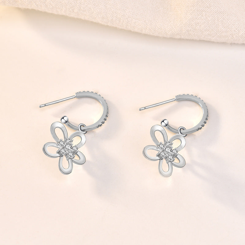 Beautiful Hollow CZ Flowers 925 Sterling Silver Dangling Earrings