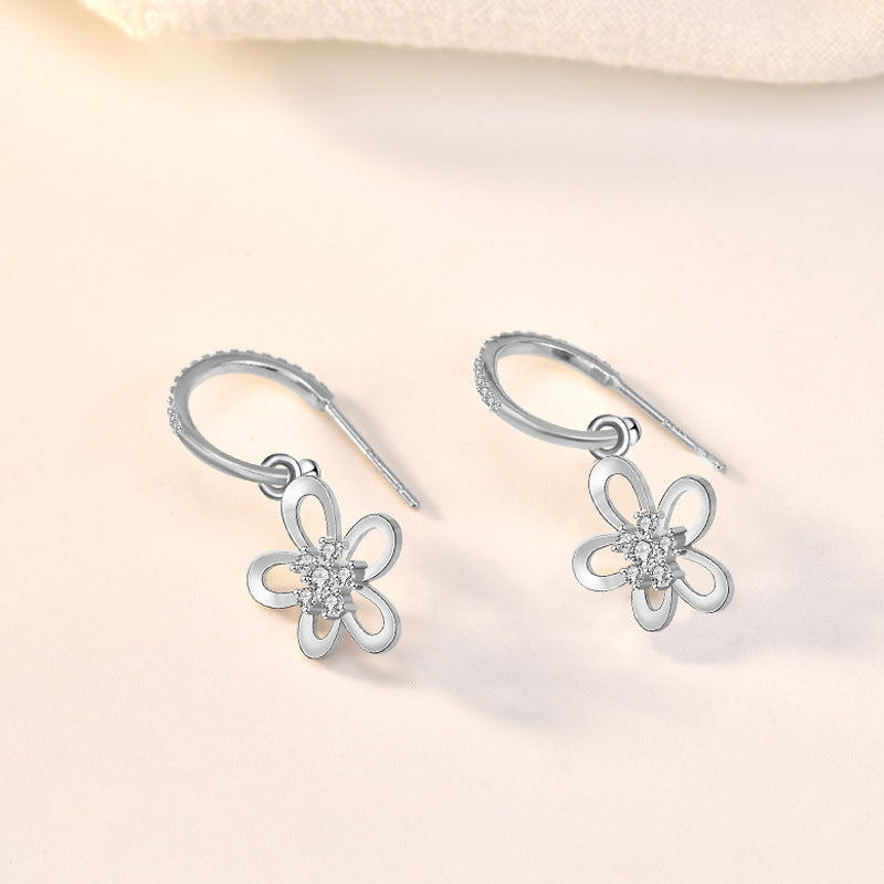 Beautiful Hollow CZ Flowers 925 Sterling Silver Dangling Earrings