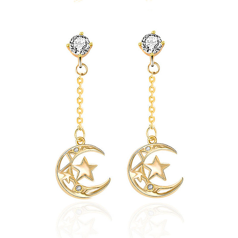 Beautiful Hollow CZ Crescent Moon Stars 925 Sterling Silver Dangling Earrings