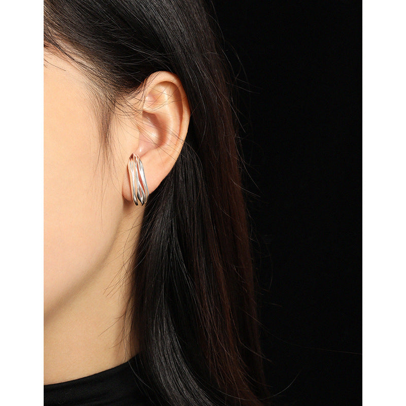Geometry Triple Lines C Shape 925 Sterling Silver Stud Earrings