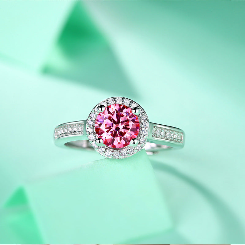 Women Pink Round Moissanite CZ 925 Sterling Silver Adjustable Ring