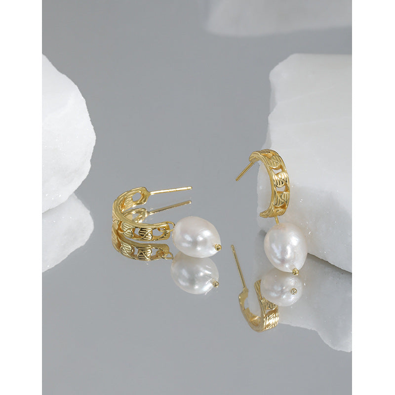 Elegant Oval Natural Pearls 925 Sterling Silver Stud Earrings