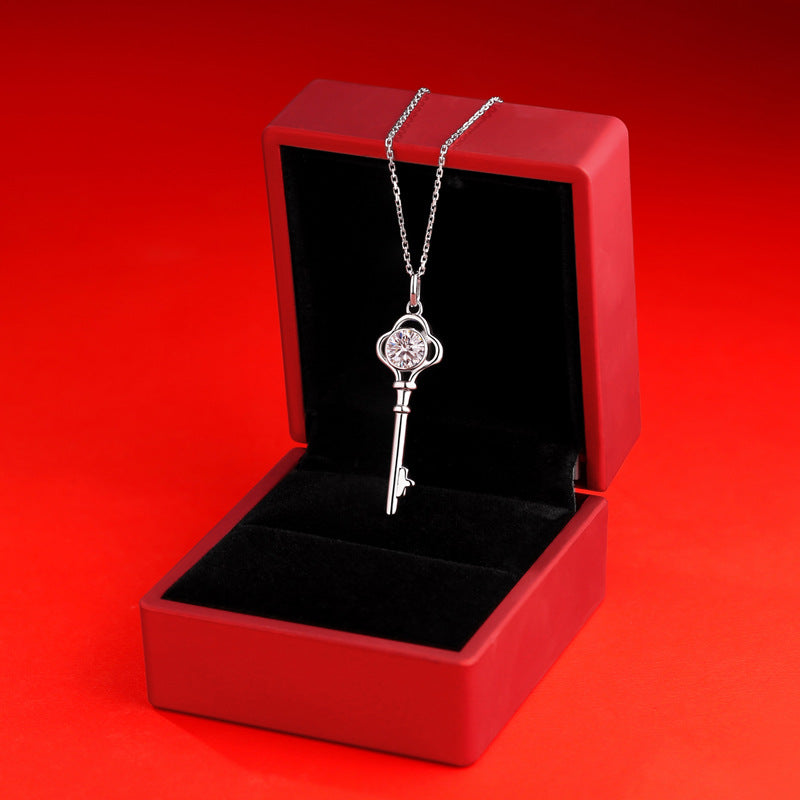 Women Moissanite CZ Key 925 Sterling Silver Necklace