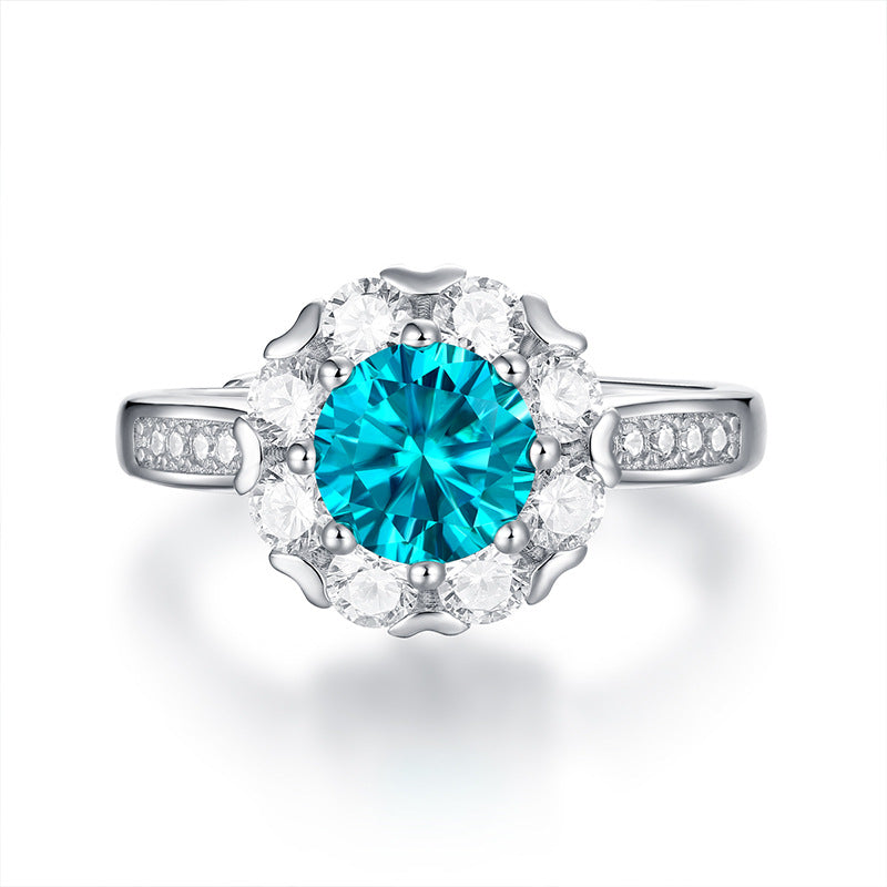 Women Blue Round Moissanite CZ Flower 925 Sterling Silver Adjustable Ring