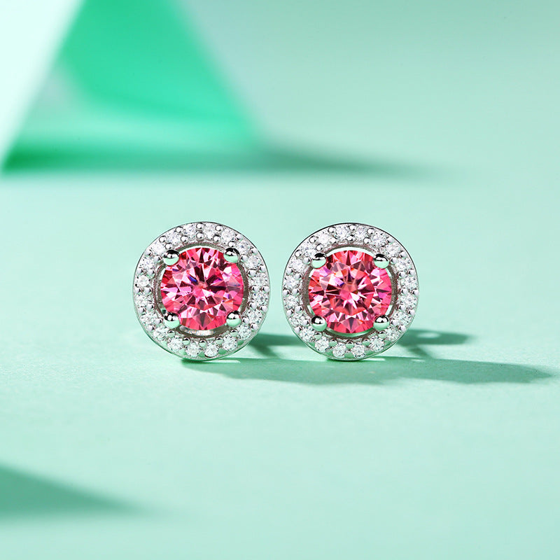 Girl Pink Round Moissanite CZ 925 Sterling Silver Stud Earrings