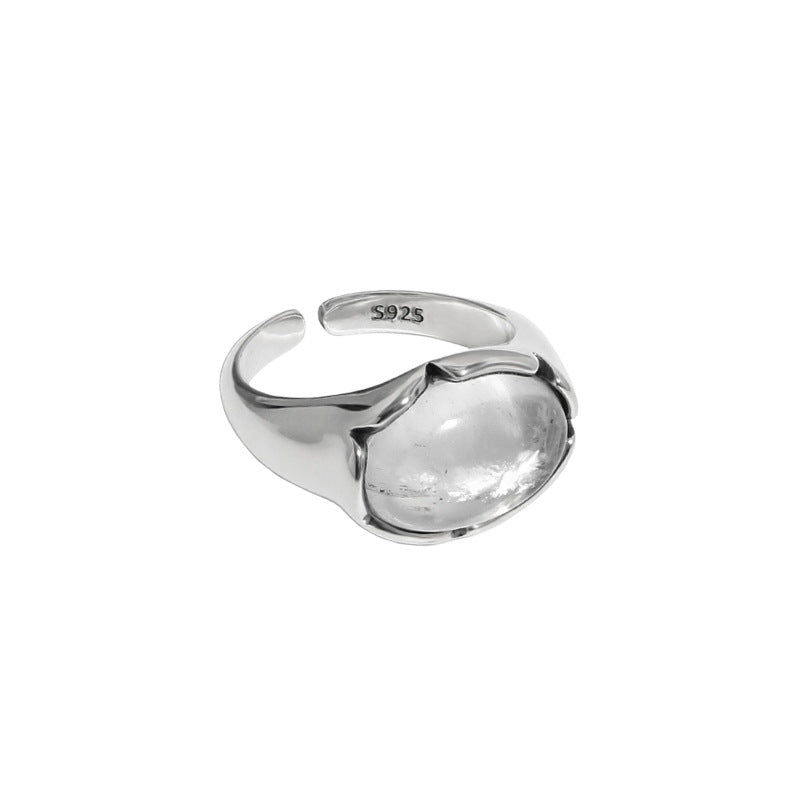 Vintage Oval Natural Stone Crystal 925 Sterling Silver Adjustable Ring