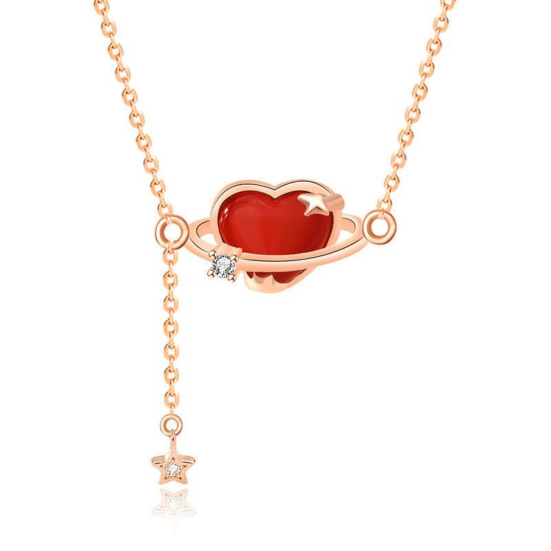 Friends' Red CZ Heart Planet 925 Sterling Silver Necklace