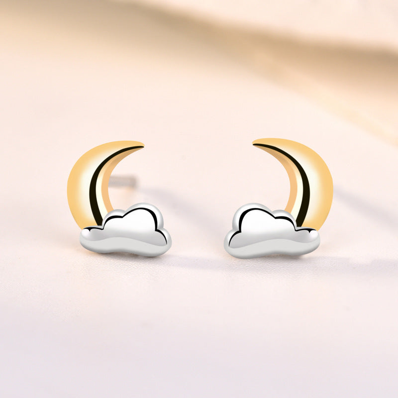 Cute Mini CZ Crescent Moon Cloud 925 Sterling Silver Stud Earrings