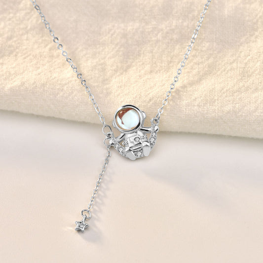 Gift Natural Moonstone CZ Astronaut 925 Sterling Silver Necklace