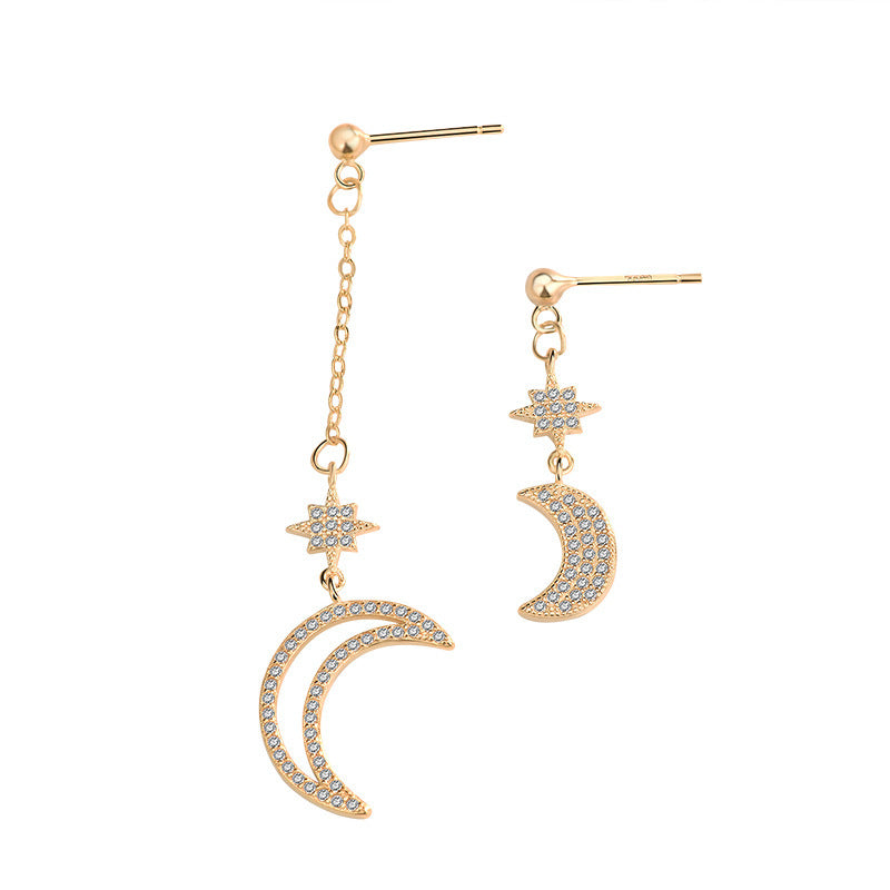 Asymmetry CZ Crescent Moon Star Hot 925 Sterling Silver Dangling Earrings