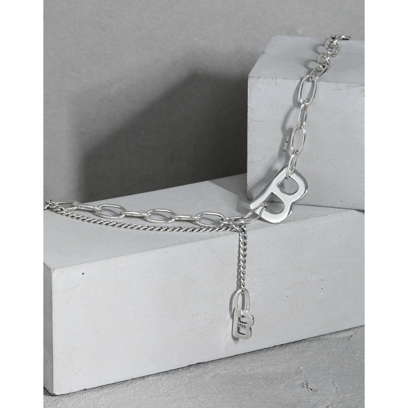 Vintage Letter B Paperclip Chain 925 Sterling Silver Bracelet