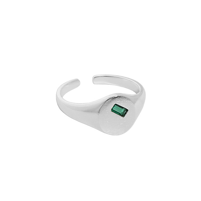 Geometry Green Rectangle CZ Round 925 Sterling Silver Adjustable Ring