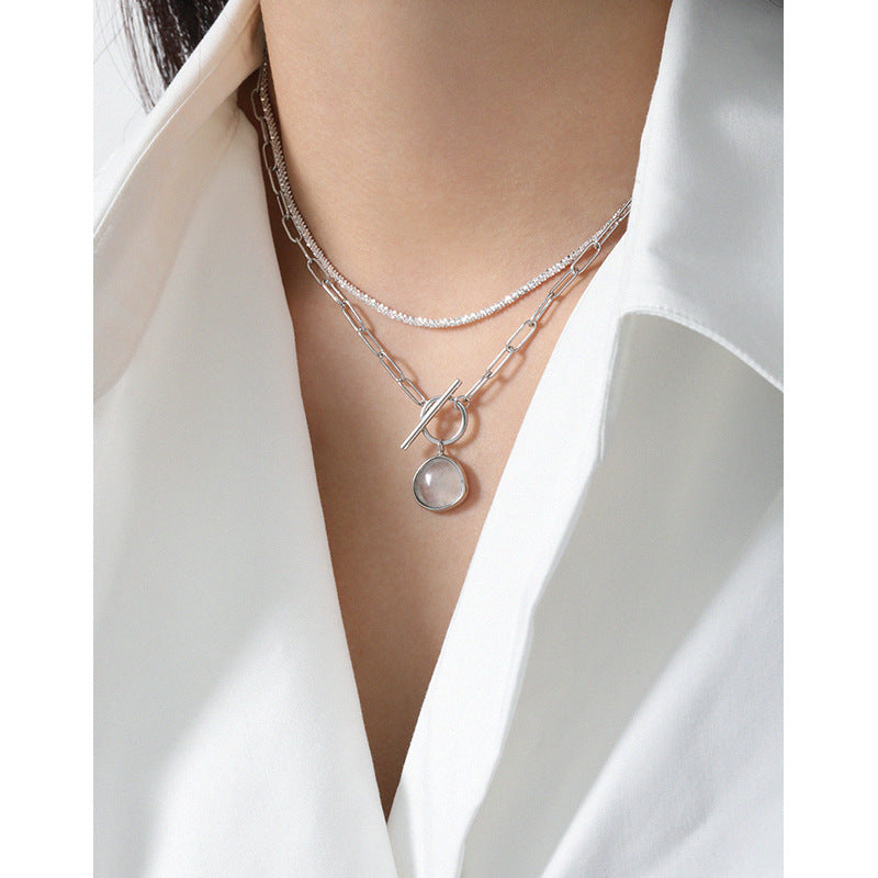 Graduation Round Natural Crystal OT Hollow Chain 925 Sterling Silver Necklace