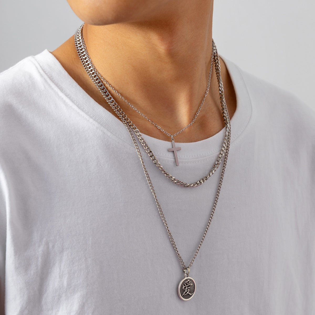 Men Simple Fashion Cross Clavicle Chain Hip Hop Pendant Necklace
