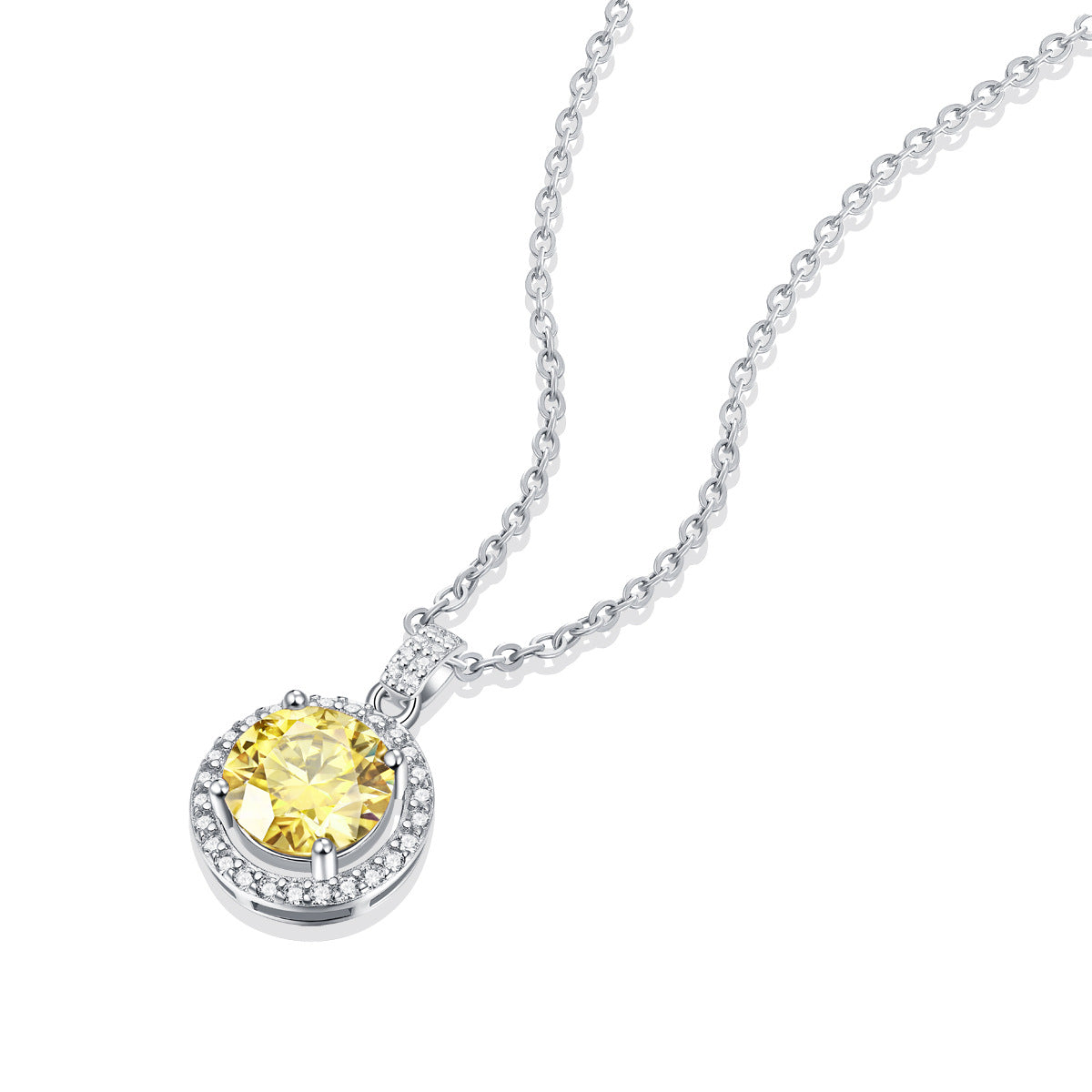 Fashion Yellow Moissanite CZ Round 925 Sterling Silver Necklace
