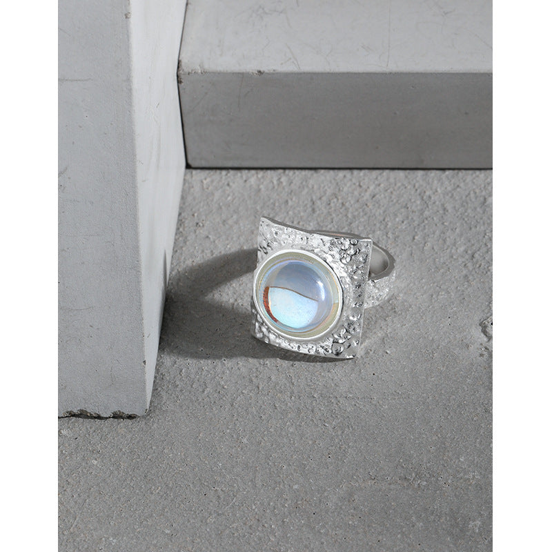 Geometry Oval Natural Stone Crystal Square 925 Sterling Silver Adjustable Ring
