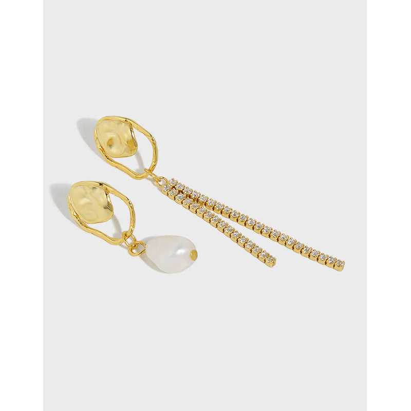 Asymmetry Shell Pearl CZ Tassels 925 Sterling Silver Dangling Earrings
