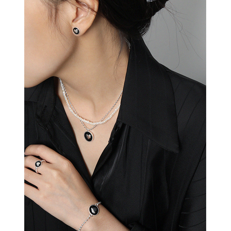 Women Heart Black Epoxy 925 Sterling Silver Necklace Ring Earrings Bracelet Set