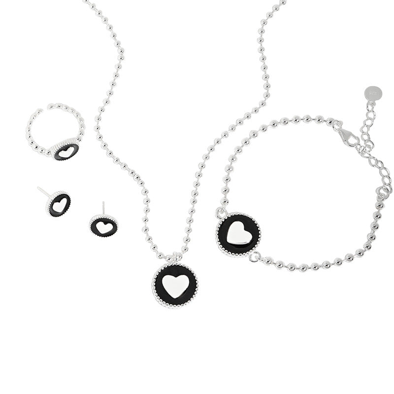 Women Heart Black Epoxy 925 Sterling Silver Necklace Ring Earrings Bracelet Set
