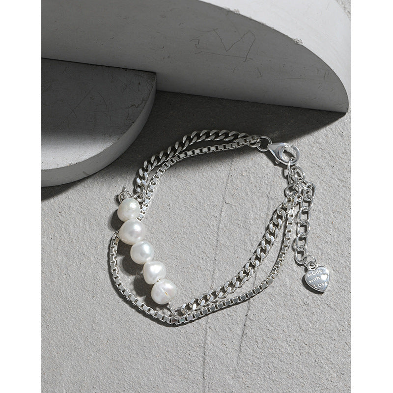 Girl Natural Pearls Double Layers Hollow Chain 925 Sterling Silver Bracelet