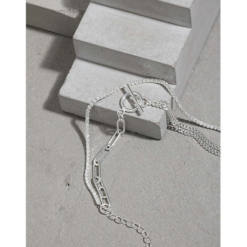 Asymmetry Double Layer Hollow Chain CZ OT 925 Sterling Silver Bracelet