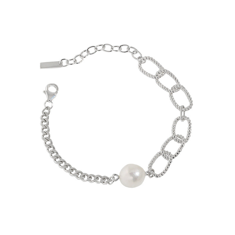Asymmetry Chain Baroque Natural Pearl 925 Sterling Silver Bracelet