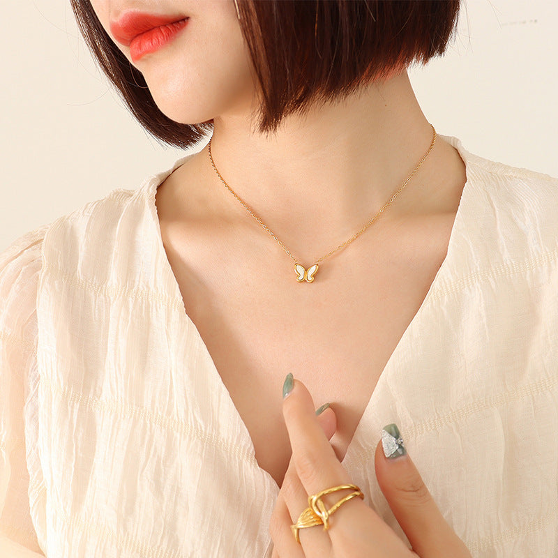 18k Gold Simple Butterfly White Seashell Design Necklace Earrings Set