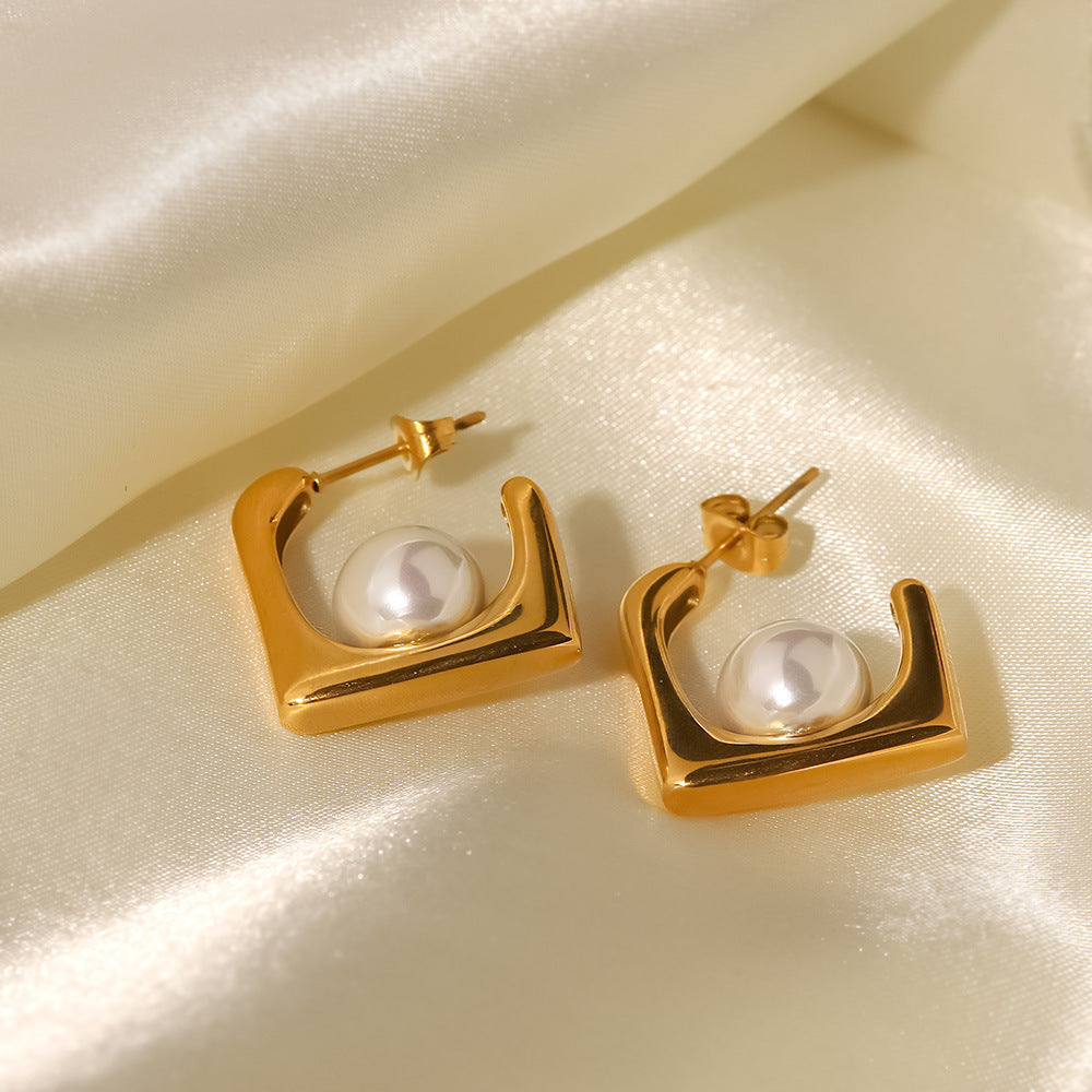 18K Gold Plated Inlaid White Pearl Square Spoon Design Punk Earrings