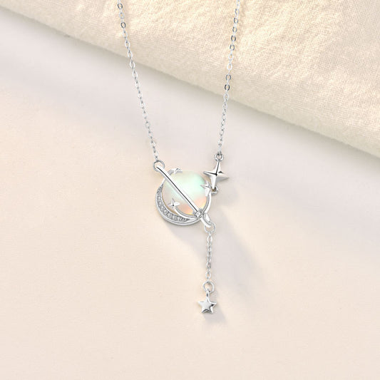 Elegant Natural Moonstone Planet Star 925 Sterling Silver Necklace
