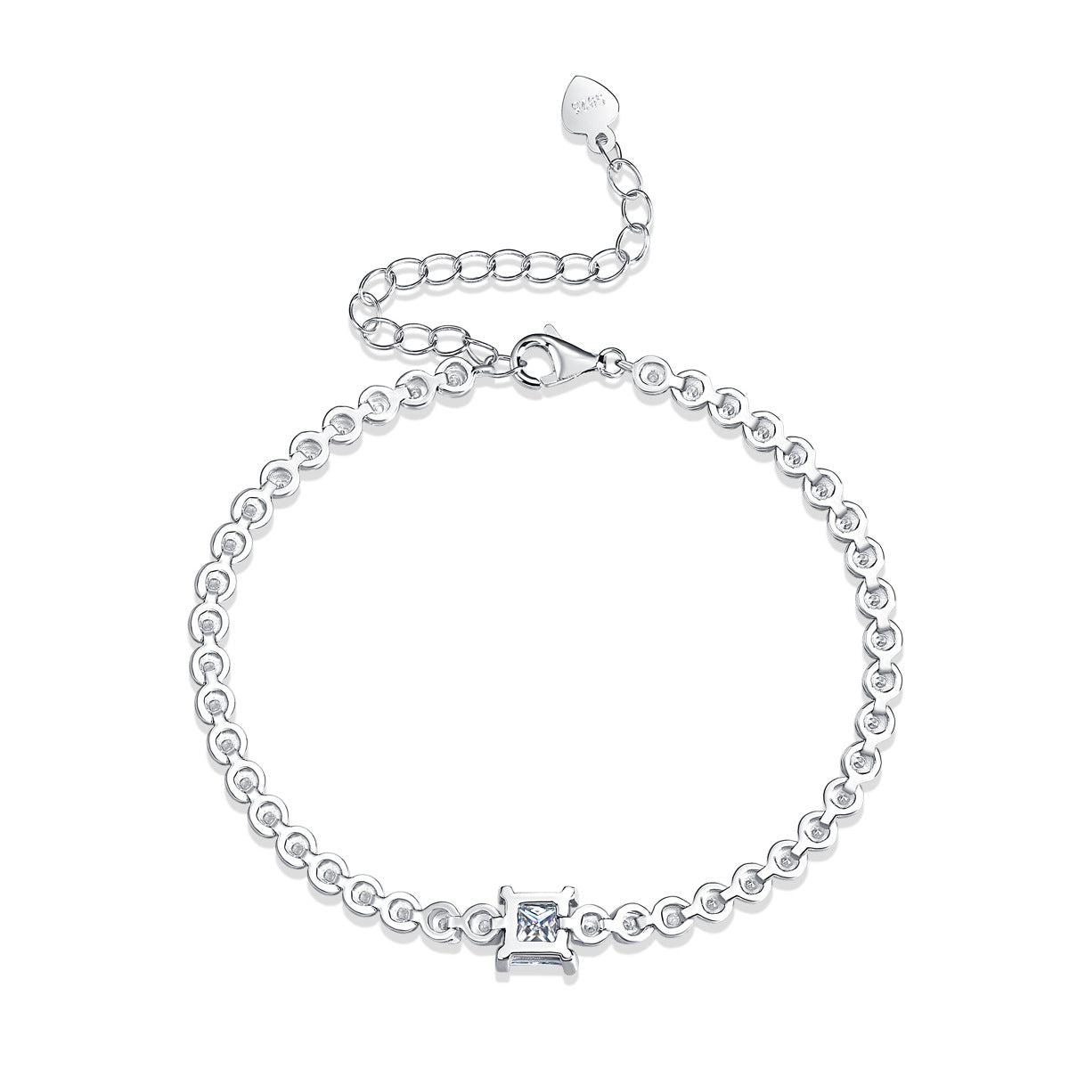 Gift Square Moissanite Round CZ Chain 925 Sterling Silver Bracelet
