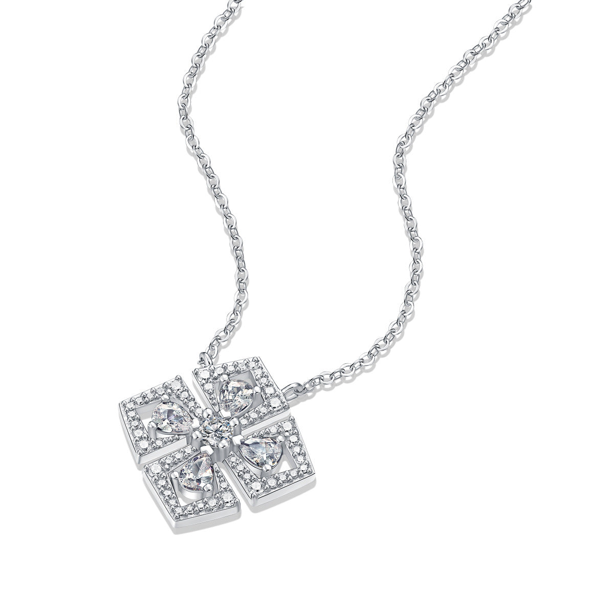 Elegant Moissanite CZ Geometry Four Leaf Clover 925 Sterling Silver Necklace