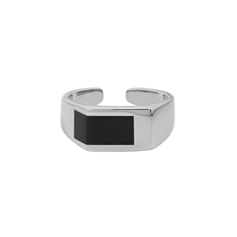 Fashion Geometry Black Rectangle 925 Sterling Silver Adjustable Ring