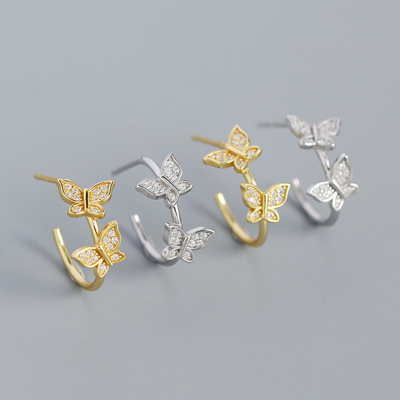 Girl Two Flying CZ Butterflies 925 Sterling Silver Stud Earrings