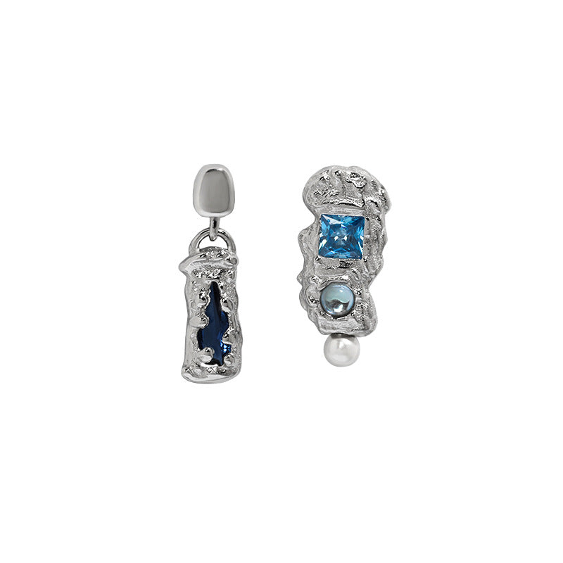 Asymmetry Blue CZ Irregular 925 Sterling Silver Stud Earrings
