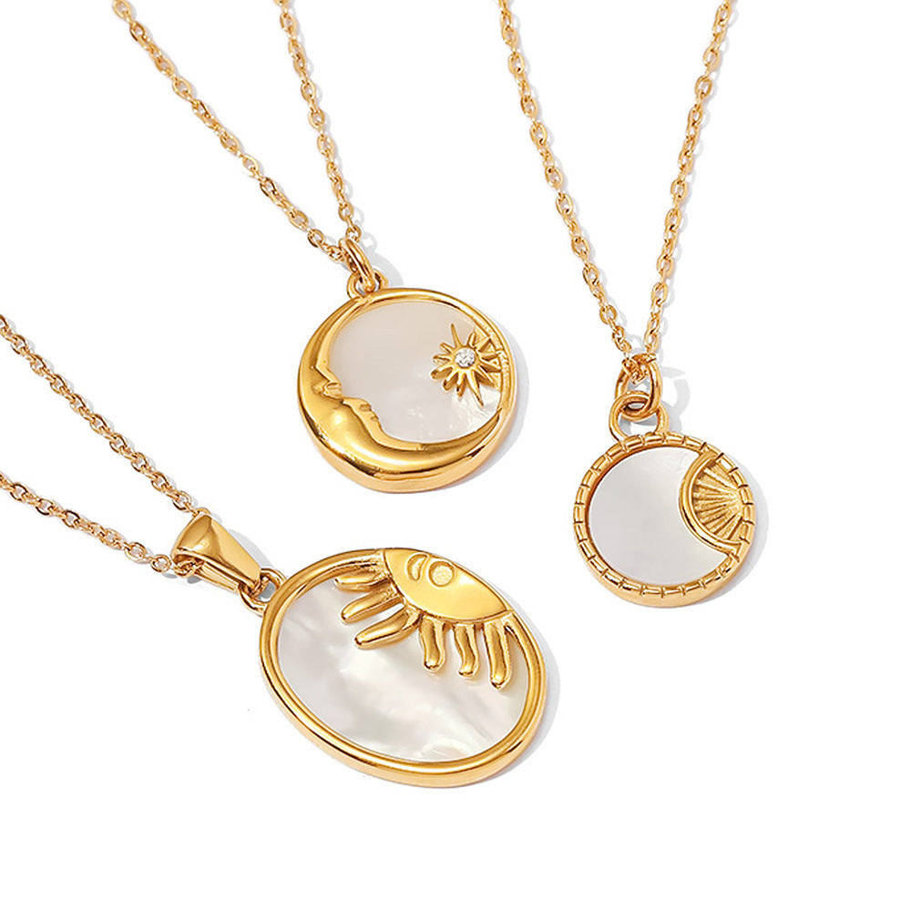 8K Gold Plated Oval Sun Moon Shell Pendant Necklace