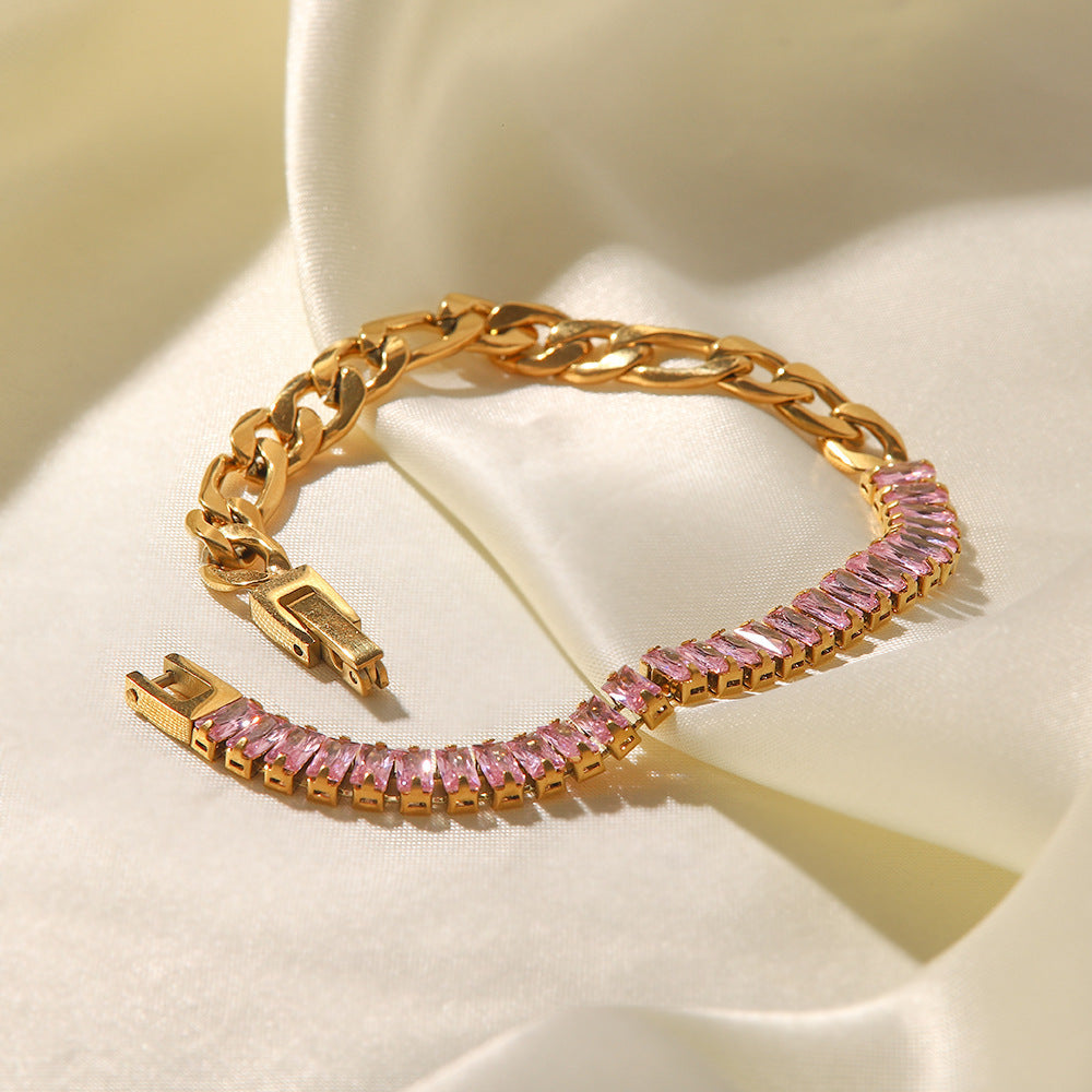 18K Gold Plated Inlaid Pink Zircon Figaro Bracelet