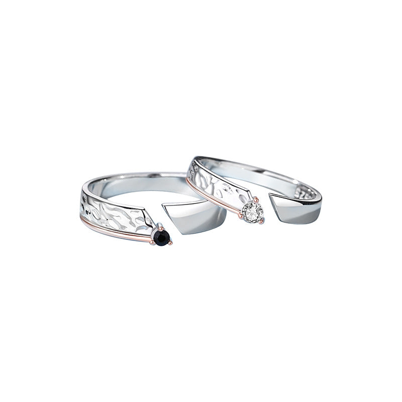 Anniversary Simple White Black CZ 925 Sterling Silver Adjustable Couple Ring