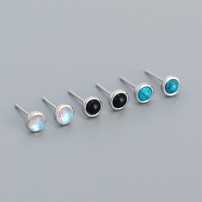 Simple Geometry Round Created Agate Moonstone Turquoise  925 Sterling Silver Stud Earrings