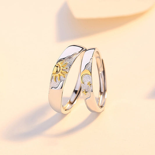 Anniversary Golden Sun Star Crescent Moon 925 Sterling Silver Adjustable Couple Ring