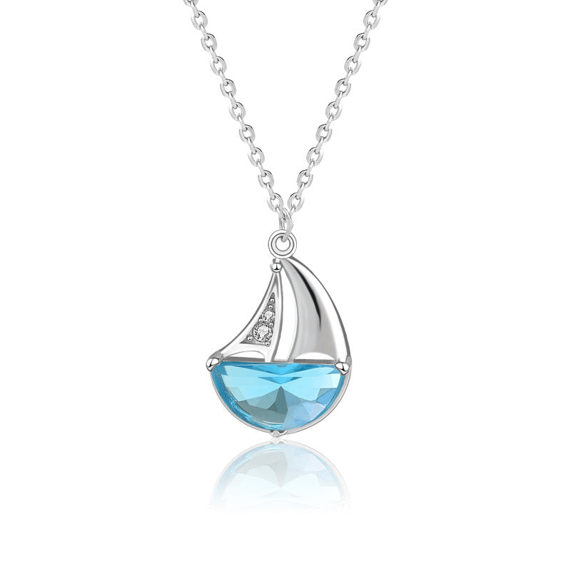 Casual Blue CZ Sailboat 925 Sterling Silver Necklace