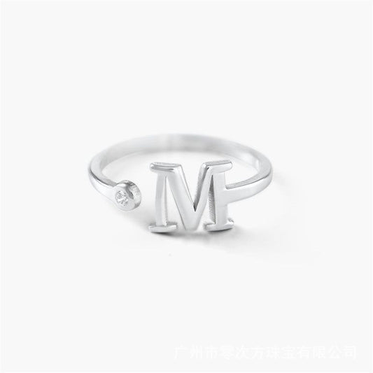 Fashion CZ 26 Letters 925 Sterling Silver Adjustable Ring