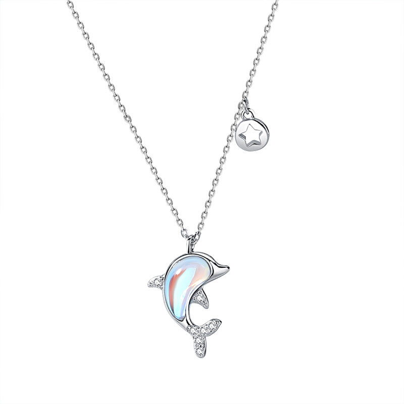 New Natural Moonstone Dolphin Animal CZ 925 Sterling Silver Necklace