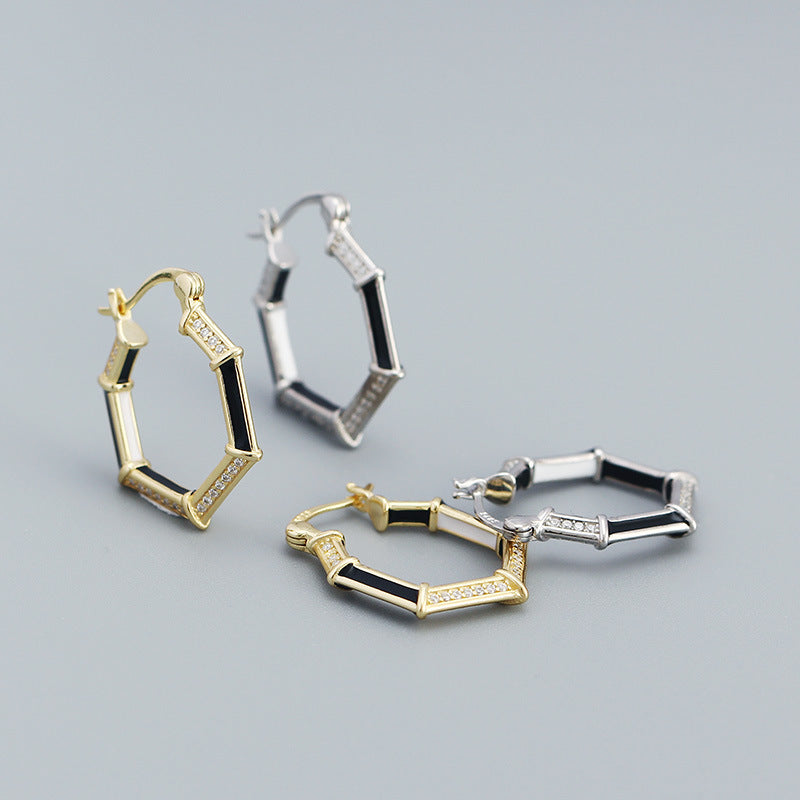 Fashion Geometry CZ Hexagon 925 Sterling Silver Hoop Earrings
