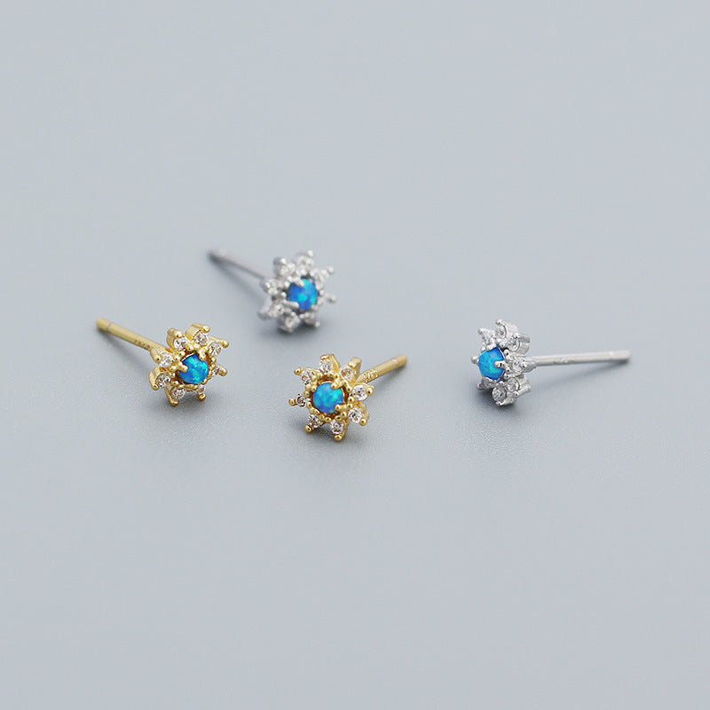 Cute Mini Blue Created Opal CZ Flower 925 Sterling Silver Stud Earrings