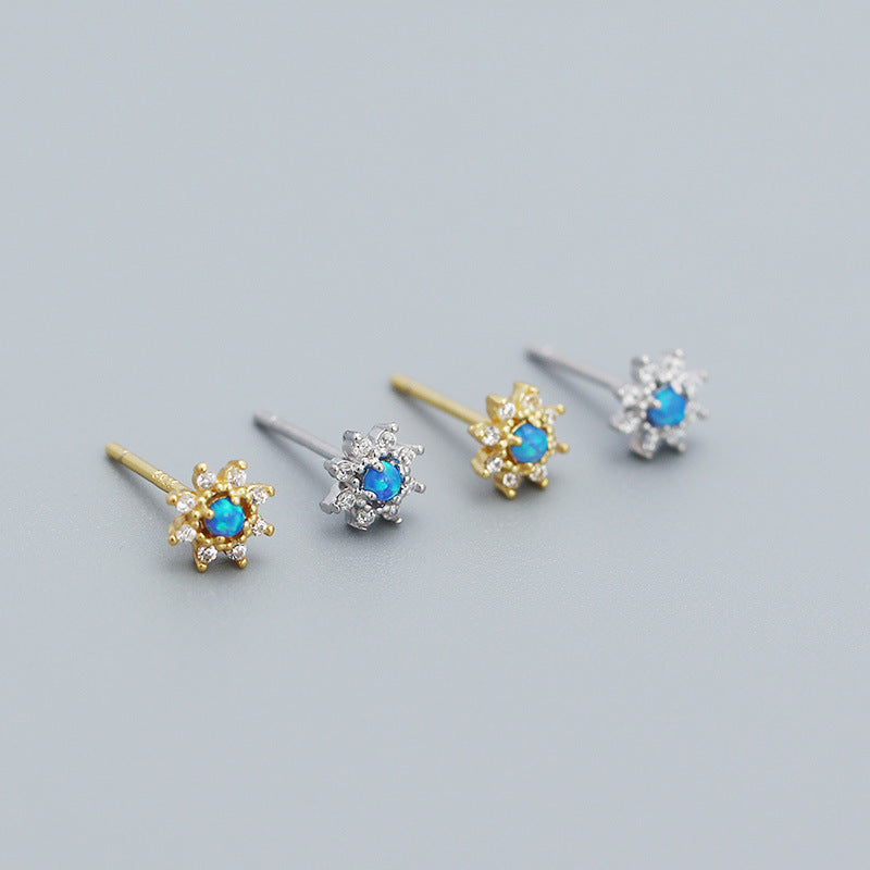Cute Mini Blue Created Opal CZ Flower 925 Sterling Silver Stud Earrings