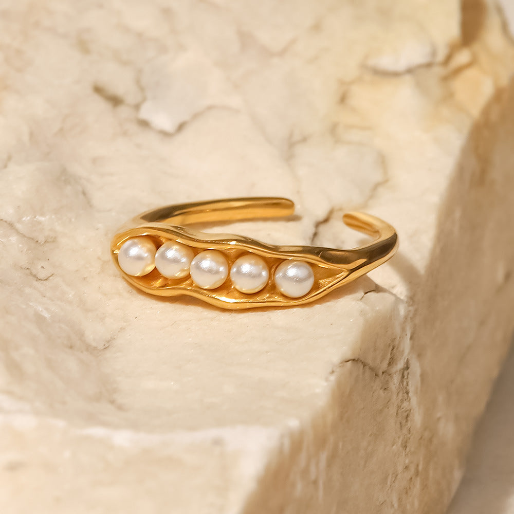 18K Gold Plated Inlaid White Pearl Pea Pod Design Adjustable Ring