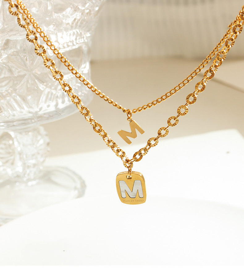 18K Gold Exquisite Letter M Square Plate Hollow Design Pendant Necklace