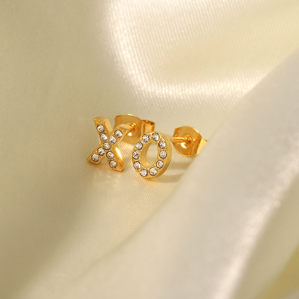 18K Gold Inlaid Small Round Diamond Zircon XO Letter Earrings