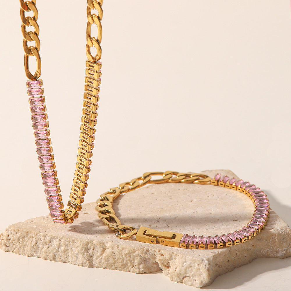 18K Gold Plated Inlaid Pink Zircon Figaro Bracelet